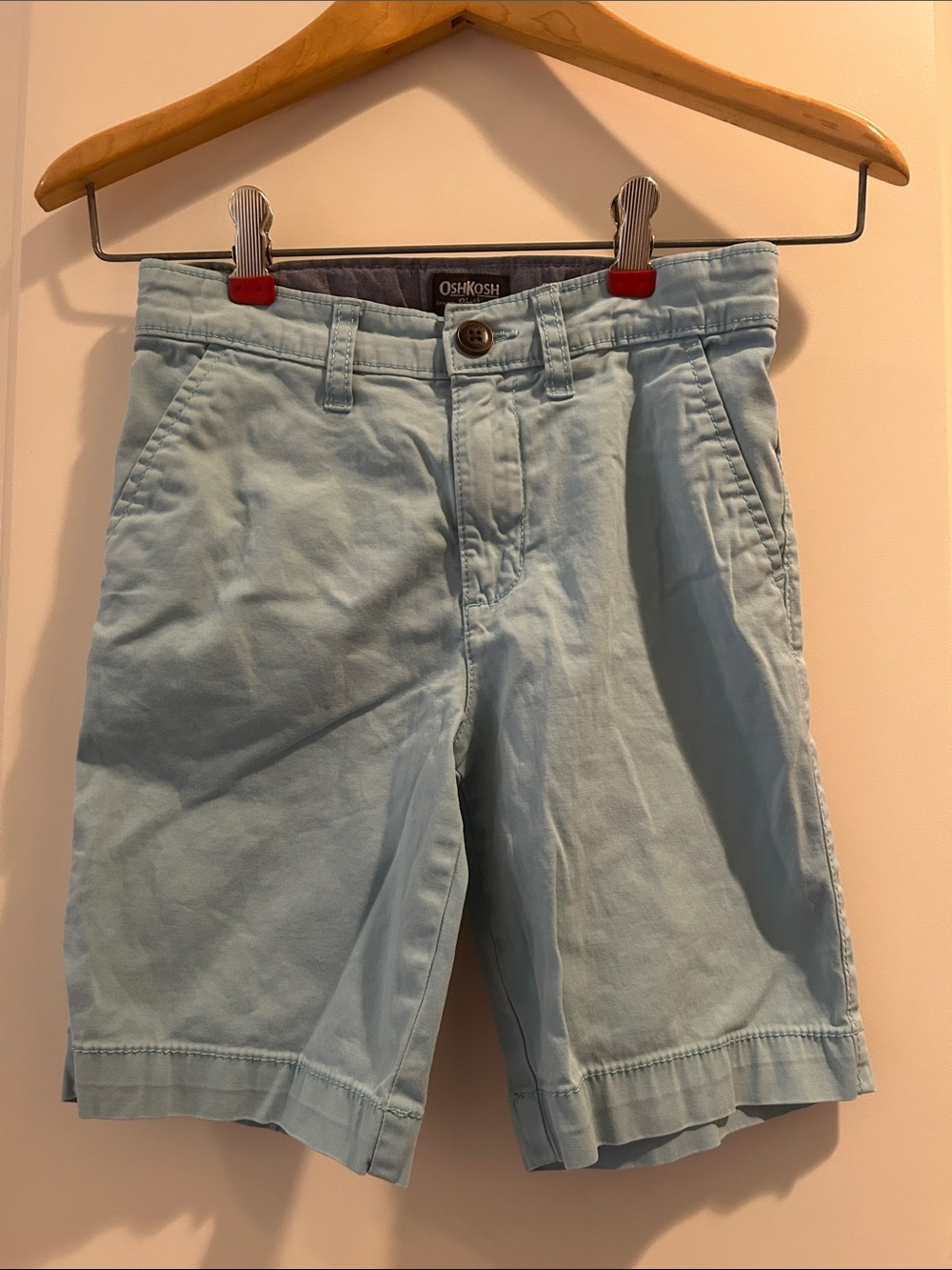 OshKosh B'gosh kid’s Sky Blue ZipUp Chino Shorts inner elastic pockets size 7